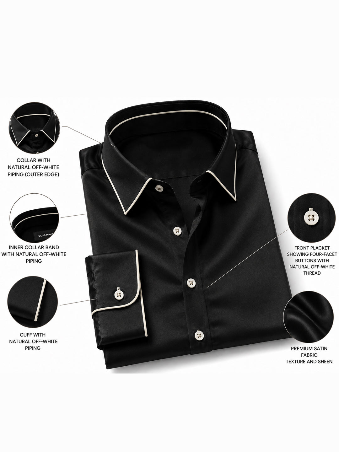 Midnight Noir Piping Premium Soft Satin Party Shirt