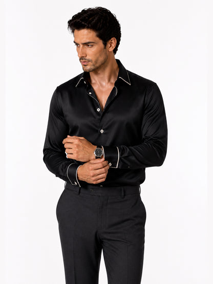 Midnight Noir Piping Premium Soft Satin Party Shirt