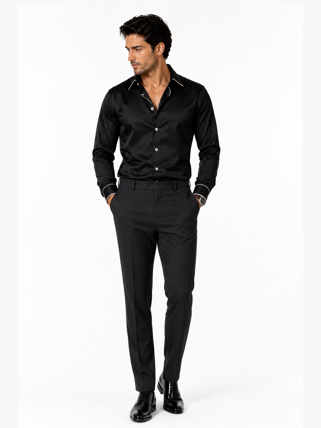 Midnight Noir Piping Premium Soft Satin Party Shirt