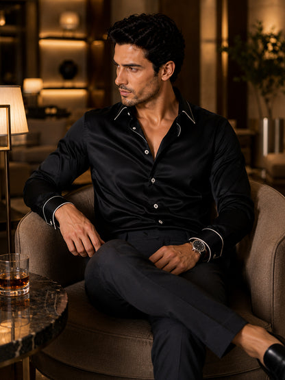 Midnight Noir Piping Premium Soft Satin Party Shirt