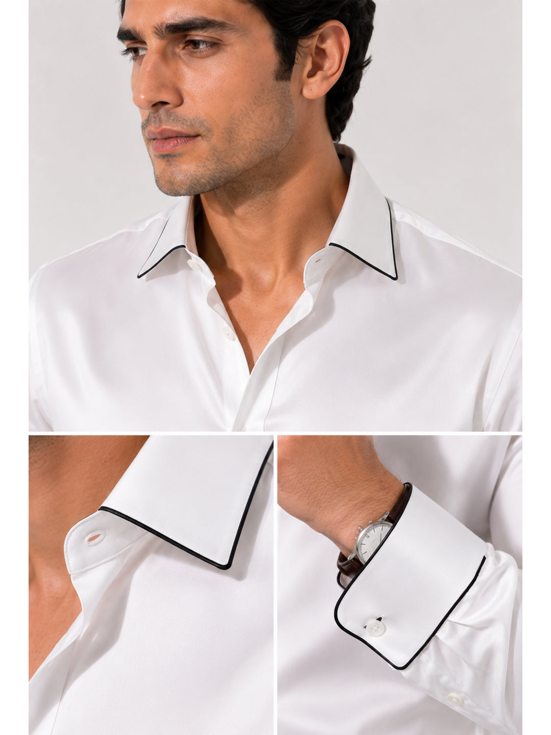 Noir Jet Black Piping Premium Soft Satin Party Shirt