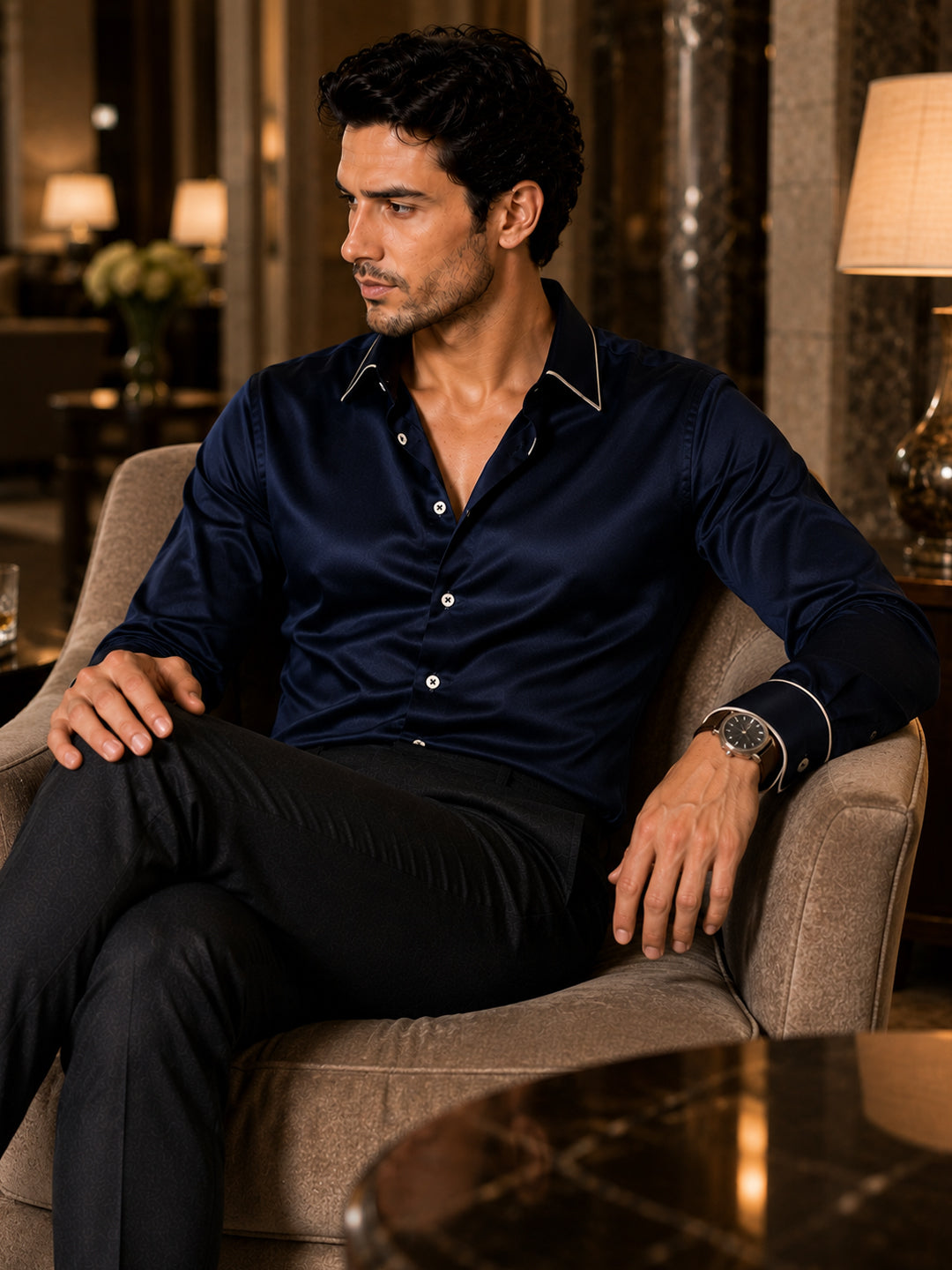 Sky Captain Piping Premium Soft Satin Party Shirt