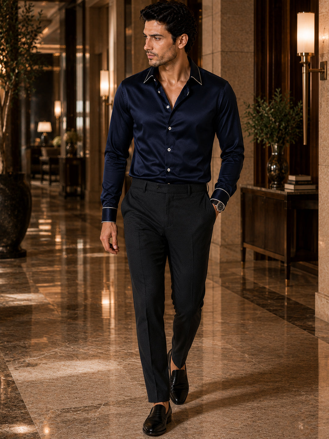 Sky Captain Piping Premium Soft Satin Party Shirt