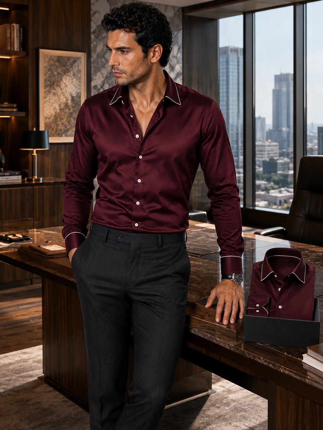 Windsor Wine Piping Premium Soft Satin Party Shirt