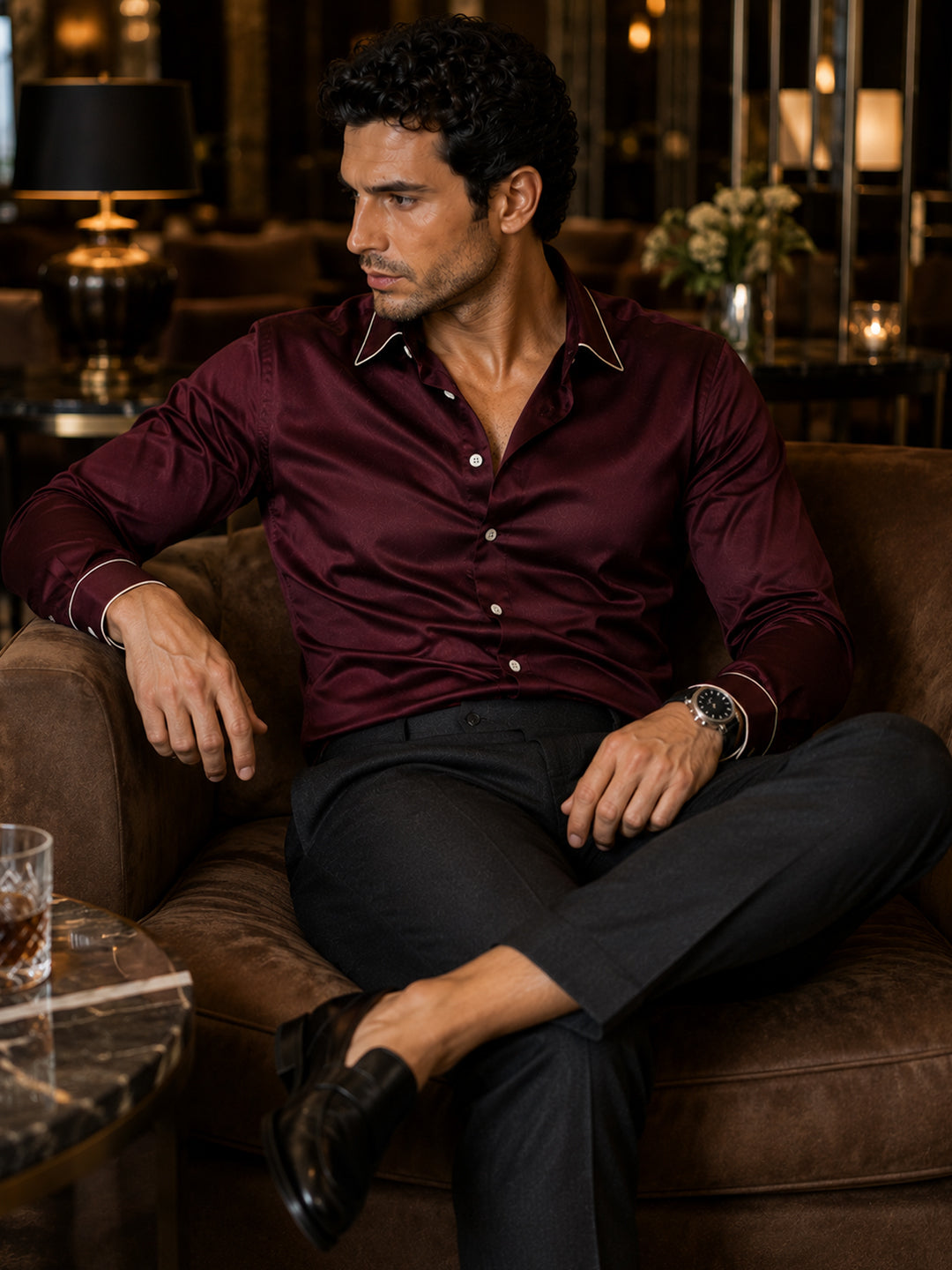 Windsor Wine Piping Premium Soft Satin Party Shirt