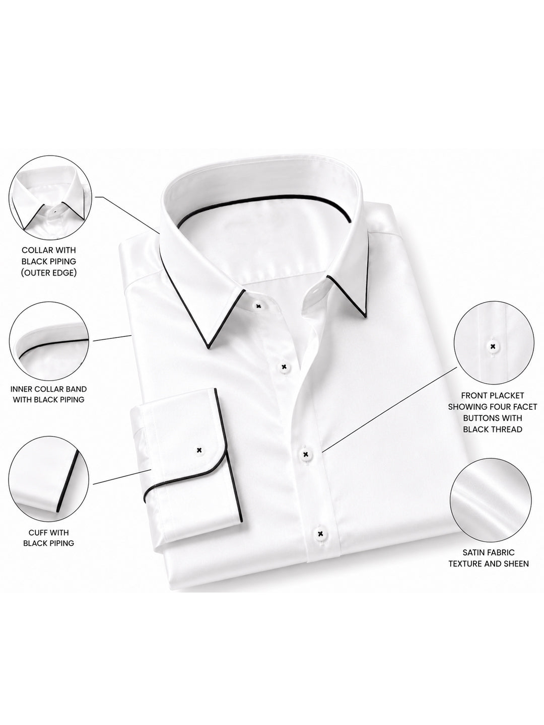 Noir Jet Black Piping Premium Soft Satin Party Shirt